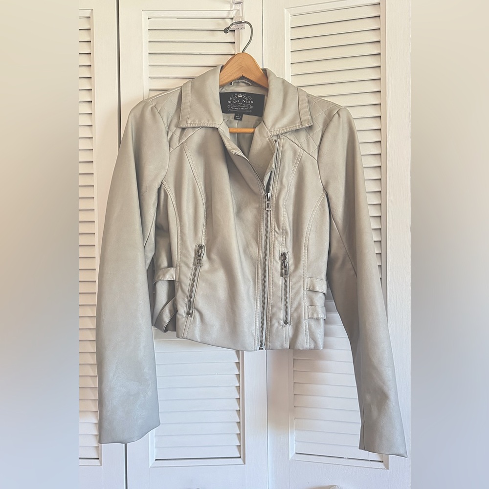 Blanc Noir Gray Vegan Leather Moto Jacket Asymmetrical Zipper Fitted